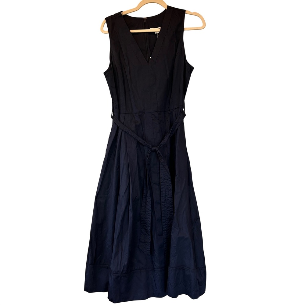 Free Assembly Navy Blue Cotton Poplin V-Neck Belted Midi Dress Womens Size M NEW